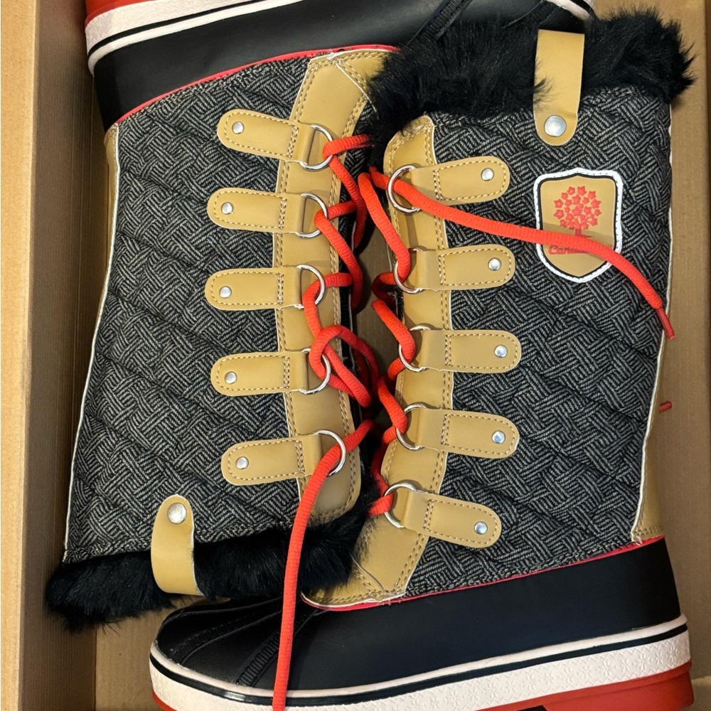 Chic Winter Boots with Red and Tan Accents